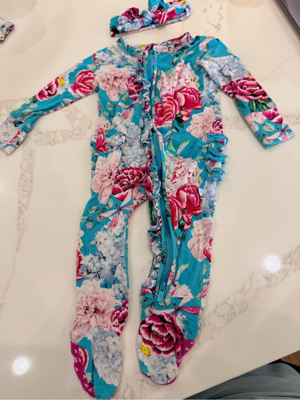 Posh Peanut Bamboo Floral Ruffle Footie + Headband 6-9M